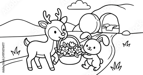 Cute deer and rabbit holding flower basket near burrow in countryside line art
