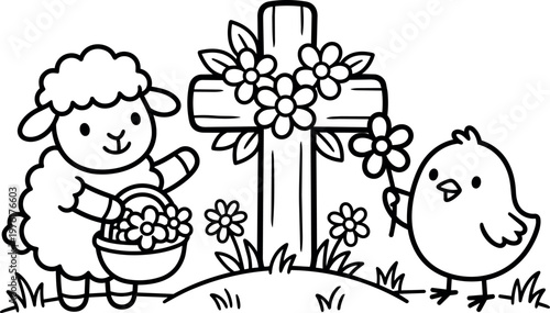 Cute lamb and chick with flowers around wooden cross line art