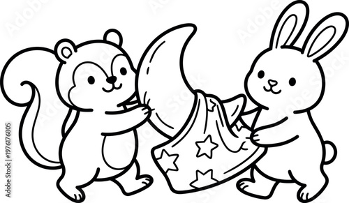 Black and white line art squirrel and rabbit holding crescent moon with star patterned cloak