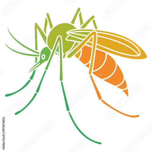 Minimalist mosquito vector art with gradient green and orange colors showing side view of flying insect for summer safety and pest control media.