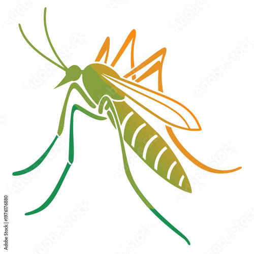 Minimalist mosquito vector art with gradient colors from green to orange featuring long legs isolated on white background pest control.
