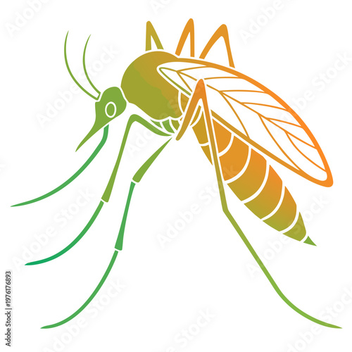 Stylized mosquito vector art gradient colors green orange yellow representing insect anatomy isolated on white background pest control.