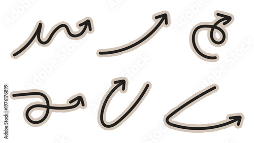 Set of Hand-drawn Wavy Arrow Symbols with Creative Offset Shadow