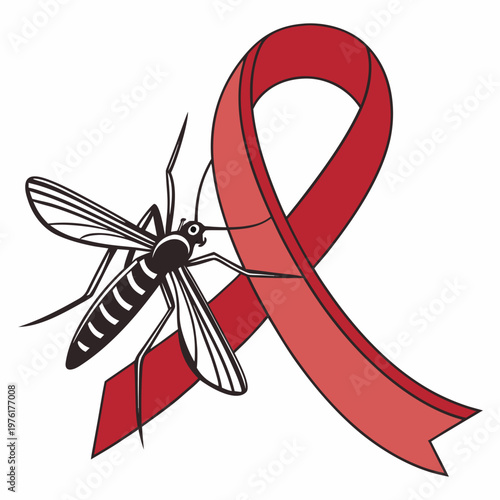 Black and white striped mosquito on a red awareness ribbon, vector illustration for various disease awareness campaigns.