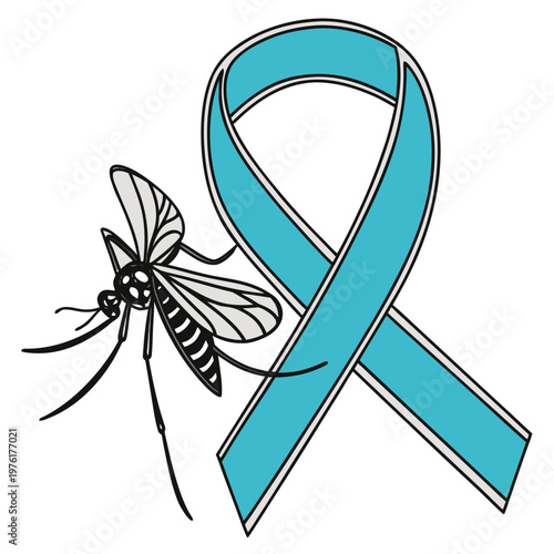 Teal awareness ribbon with mosquito design for medical prevention campaigns regarding malaria zika and dengue fever health education vector graphic.