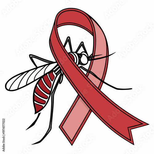 Red awareness ribbon and mosquito illustration for blood disease prevention malaria zika and dengue fever health campaign vector graphic education.
