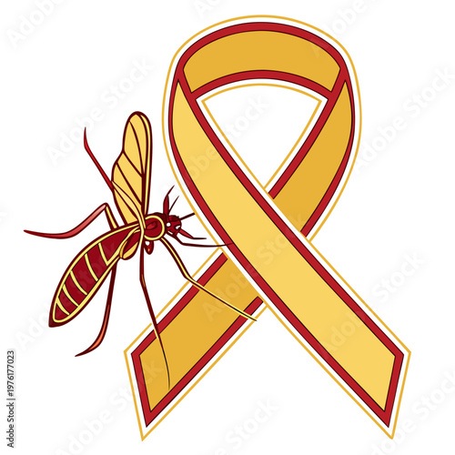 Yellow awareness ribbon featuring mosquito silhouette for tropical disease prevention malaria education and medical health support vector graphics.