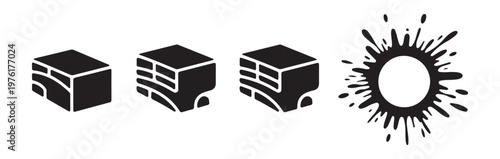 Three cube shapes with building brick texture and ink splash splatter illustration.