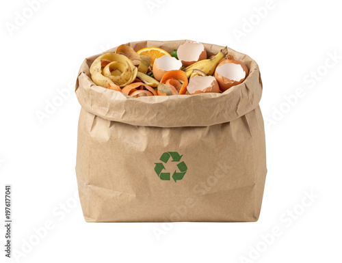 Paper bag with organic food waste isolated. Recycling compost concept.
