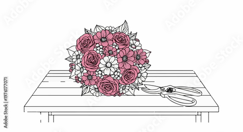 A bouquet of pink and white flowers rests on a wooden surface with shears