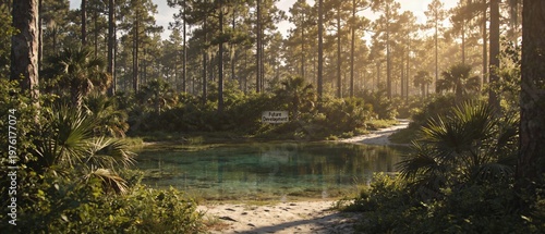 Sunlit tropical forest spring with Future Development sign
