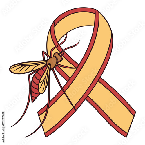 Illustration of a mosquito with a yellow and red striped awareness ribbon, representing insect-borne illness prevention.