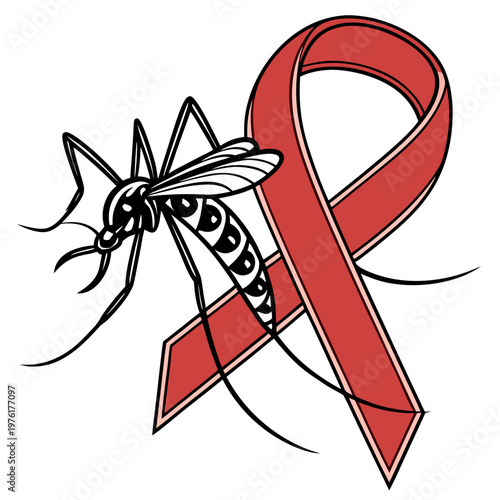Monochromatic illustration of a mosquito with a red awareness ribbon on a white background, symbolizing insect-borne diseases.