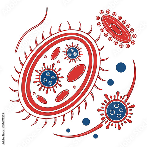Illustrative drawing of red and blue bacteria virus cells microorganisms with flagella and cilia science concept graphic.