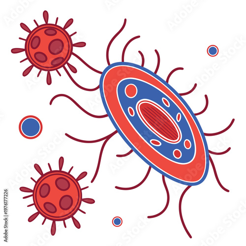 Stylized representation of pathogenic microorganisms red and blue colored bacteria and virus particles with tentacles science education illustration.