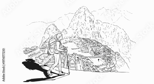 Sketch of a hiker overlooking ancient ruins and mountains
