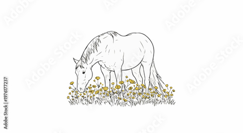 Sketch of a horse grazing in a field of yellow wildflowers