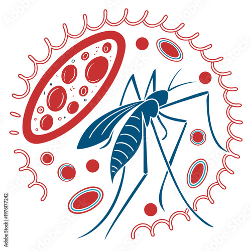 Stylized mosquito and abstract red blood cells within circular design, representing vector-borne disease and infection.