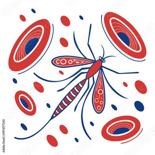 Stylized mosquito vector illustration with abstract red blood cells and blue dots, representing disease transmission concept.