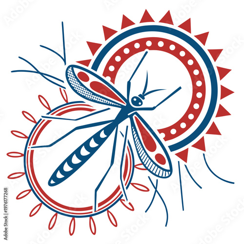 Stylized mosquito vector artwork with abstract sun and circle motifs, depicting tropical disease and insect biology concept.