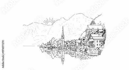 Sketch of a lakeside village with mountains and a rising sun