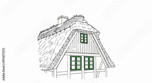Sketch of a house facade with a thatched roof and green windows