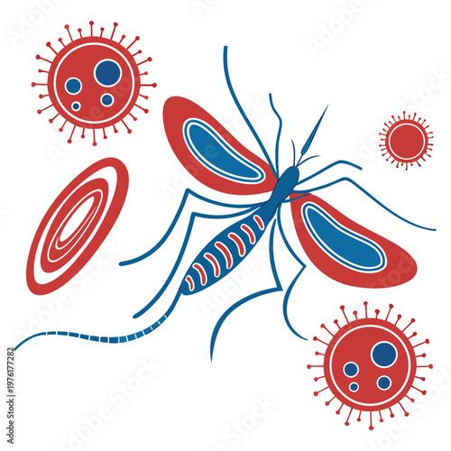 Mosquito and viruses represented abstractly with red and blue colors, showing disease transmission in stylized illustrations, symbolizing health concerns.