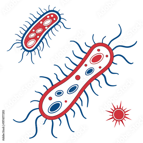 Rod shaped bacteria with flagella and viruses in red and blue, abstract concept of infection and health, microscopic world of microbes and pathogens.