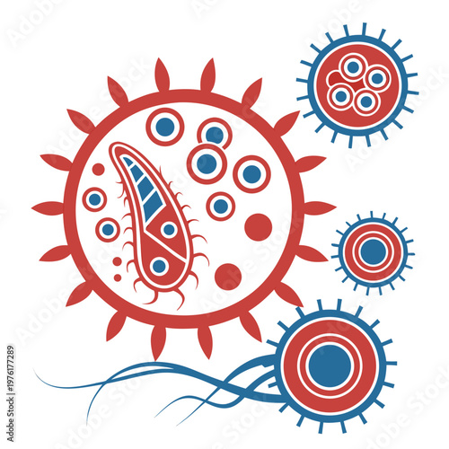 Microscopic view of bacteria and viruses in red and blue, abstract depiction of microorganisms, science and health concepts, germ and cell shapes.
