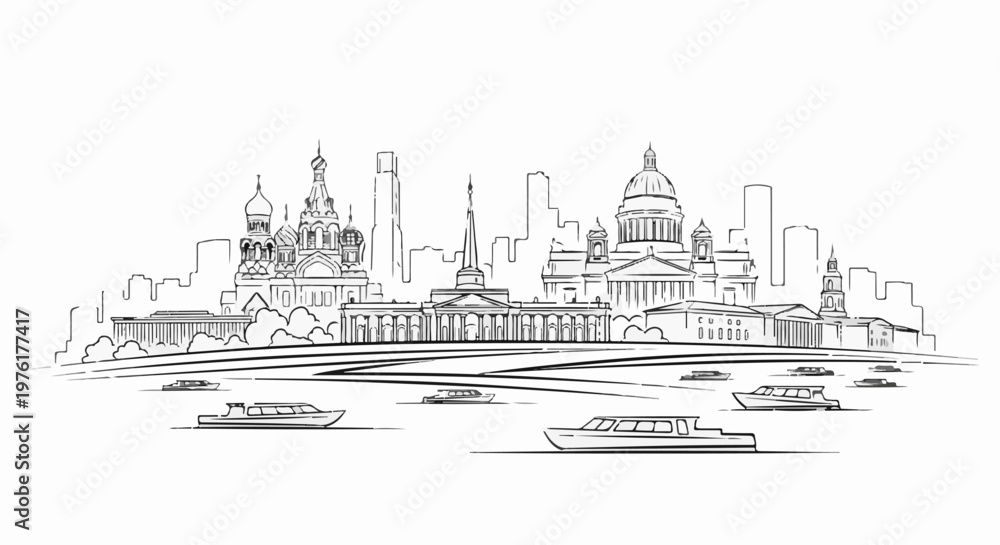 Fototapeta premium Sketch of famous architectural landmarks and boats on a river