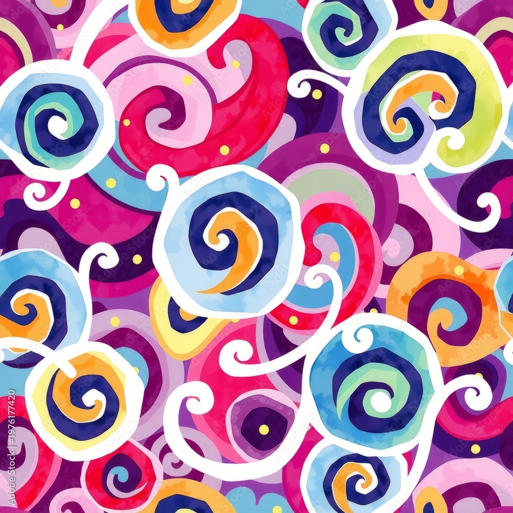 Fototapeta premium Abstract colorful seamless pattern background featuring geometric round circles and swirl floral ornaments in a pink retro design illustration for textile wallpaper decor