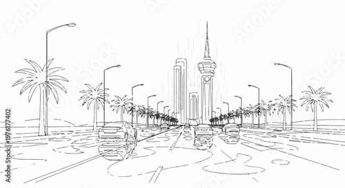 Sketch of a modern city street with palm trees, buildings, and cars