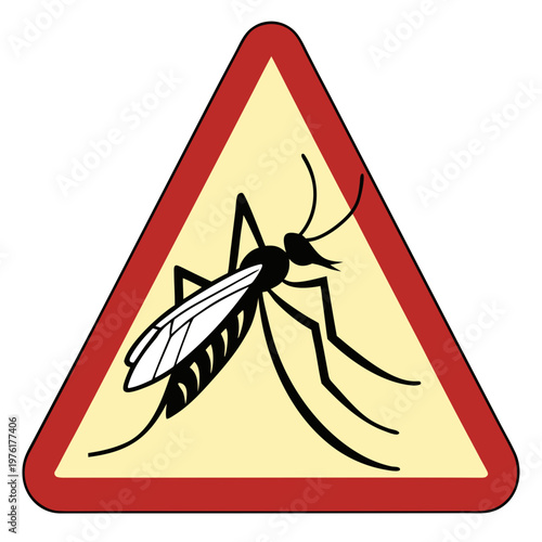 Yellow warning triangle sign with mosquito illustration cautioning about dangerous insects and potential health risks due to pest presence.