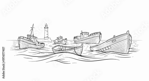 Sketch of fishing boats and lighthouse on wavy water