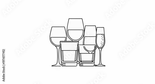 A collection of various drinking glasses, some filled with beverages