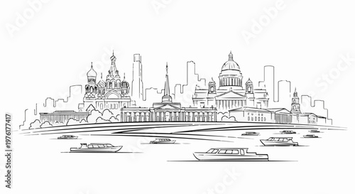 Sketch of famous architectural landmarks and boats on a river