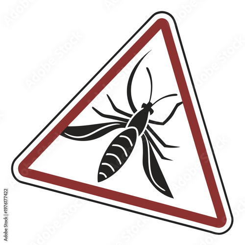 Mosquito warning sign red triangle perspective view isolated on white background danger insects concept for pest control extermination.