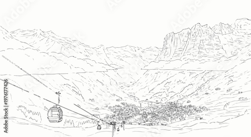 Sketch of a mountain village with a cable car ascending the slopes