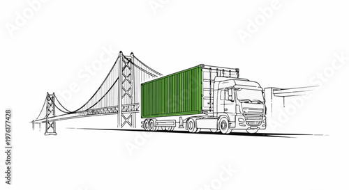 Sketch of a truck carrying a green cargo container crossing a suspension bridge