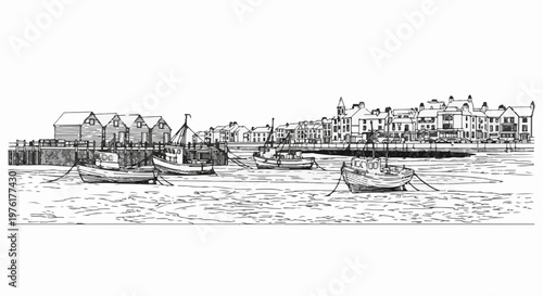 Sketch of fishing boats docked in a harbor with buildings on shore