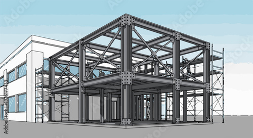 Sketch of a multi-story steel frame building under construction