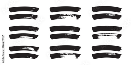 Set of curved black brush strokes vector isolated on white background for banner header and design decoration.