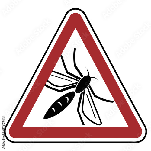 Mosquito warning sign red triangle isolated on white background indicating danger insects concept for pest control and extermination service.