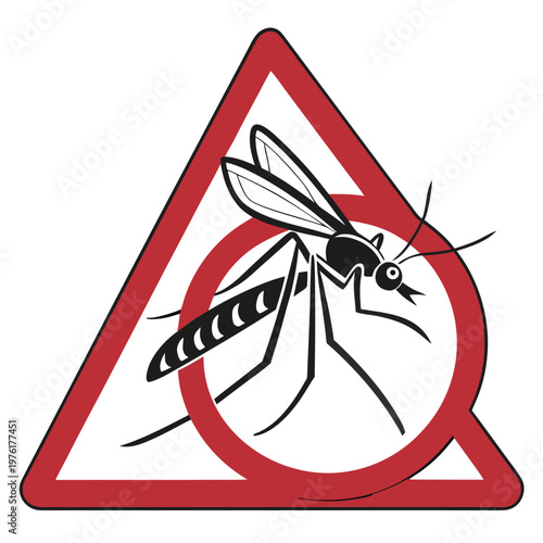 Mosquito warning sign featuring black insect silhouette inside red triangle and circle frame for pest control and malaria prevention safety posters.