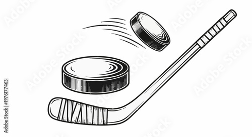 Sketch of hockey stick, puck, and airborne puck