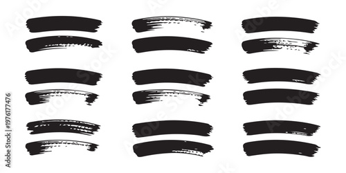 Collection of black hand drawn ink swashes and curved brush strokes vector set for creative design decoration.