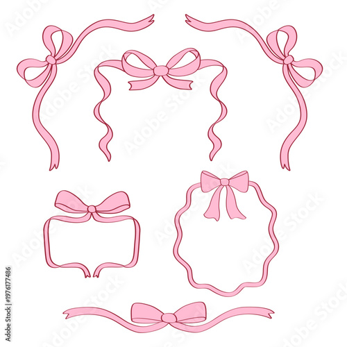 Pink ribbon bows and decorative frames set, cute hand drawn borders, romantic feminine vector elements