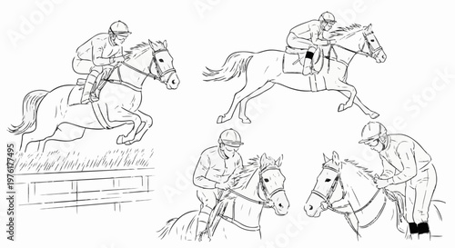 Sketch of jockeys racing horses, jumping hurdles, and preparing for competition