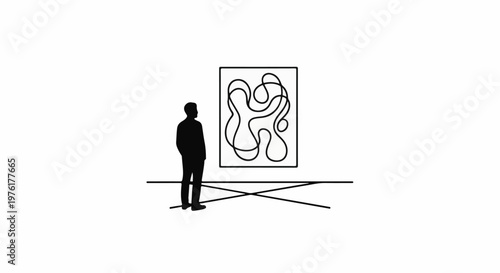 Silhouette of person observing abstract art in a minimalist setting