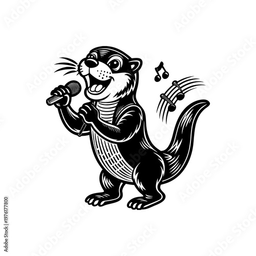 Black and white illustration of a cheerful otter singing into a microphone with musical notes floating around it.